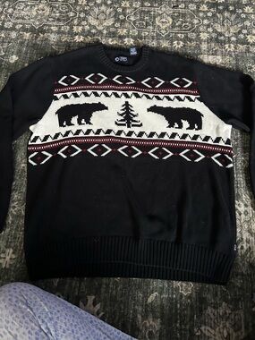 Chaps Black Crewneck Sweater with White and Red Fair Isle Bear Motif